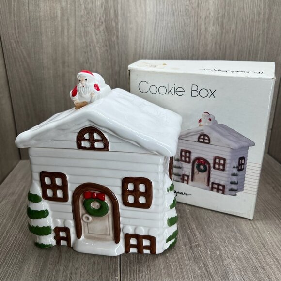 The Cooks Bazaar Other - The Cooks Bazaar Vtg Ceramic Cookie Box Santa House Christmas Collectible White